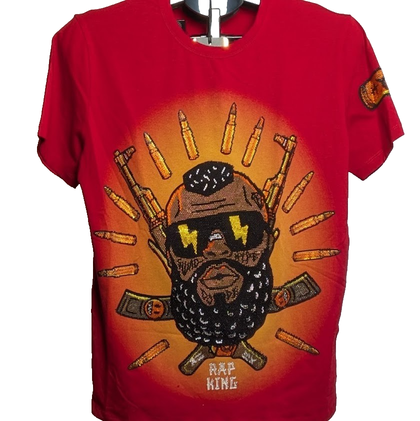 Tolga Kisa Men's Rhinestone T-Shirt Size Small Red Swag Dope Bullet Gun Hype NWT Tolga Kisa