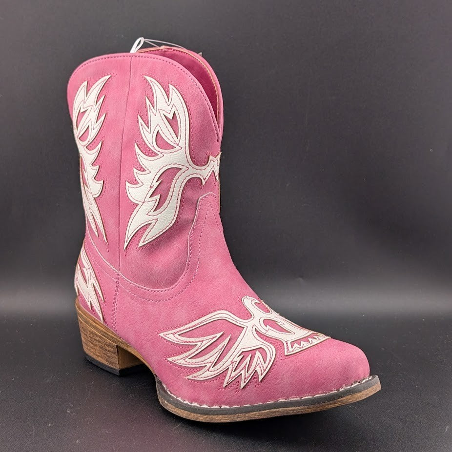 Roper Women's Sz 7 Pink "Amelia" ~ Tooled Inlay Snip Toe Casual Cowboy Booties Roper