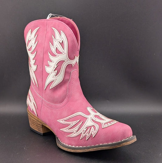 Roper Women's Sz 7 Pink "Amelia" ~ Tooled Inlay Snip Toe Casual Cowboy Booties Roper