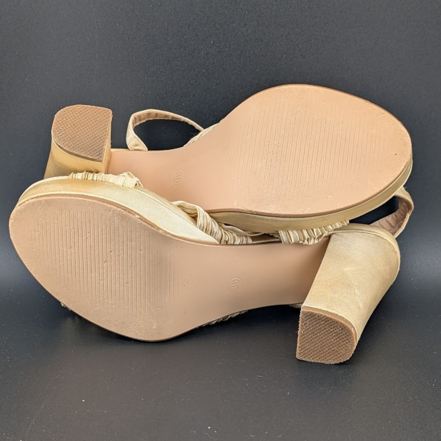 Womens Sz 36 Satin Bow Sandals Chunky Block Heel Open-Toe Platform Dress or Cas Amoji