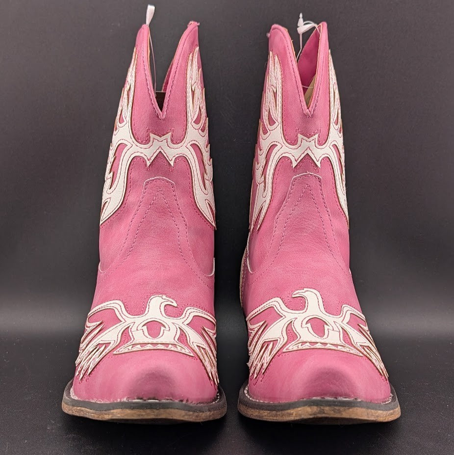 Roper Women's Sz 7 Pink "Amelia" ~ Tooled Inlay Snip Toe Casual Cowboy Booties Roper