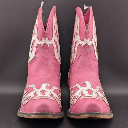 Roper Women's Sz 7 Pink "Amelia" ~ Tooled Inlay Snip Toe Casual Cowboy Booties Roper