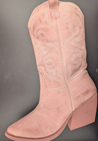 Steve Madden W8.5 West Pink Leather Pull On Pointed Toe Block Heel Western Boot Steve Madden