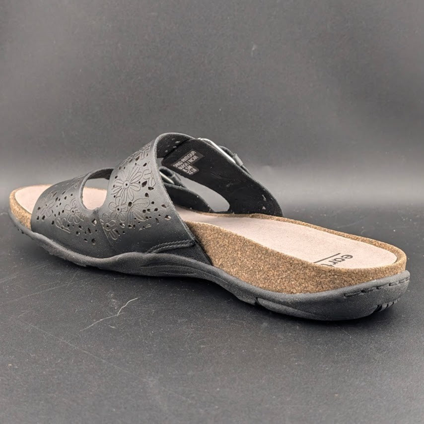 Earth Women's Sz 8.5 Sand Antigua Black Perforated Leather Buckle Comfort Sandal Earth