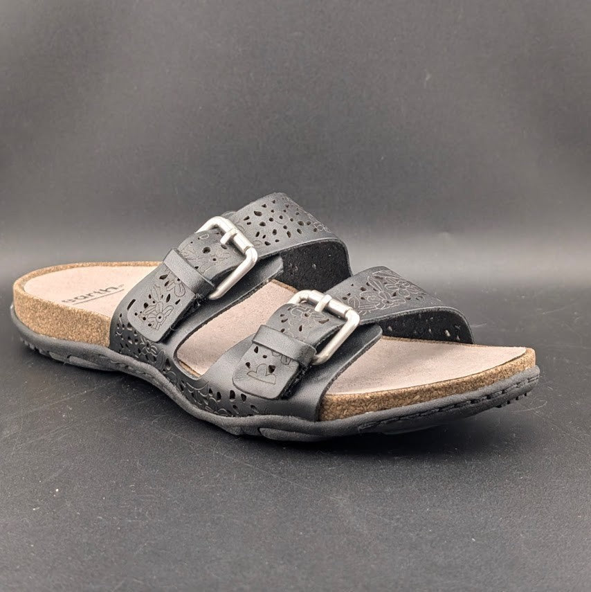 Earth Women's Sz 8.5 Sand Antigua Black Perforated Leather Buckle Comfort Sandal Earth