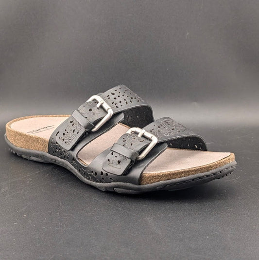 Earth Women's Sz 8.5 Sand Antigua Black Perforated Leather Buckle Comfort Sandal Earth