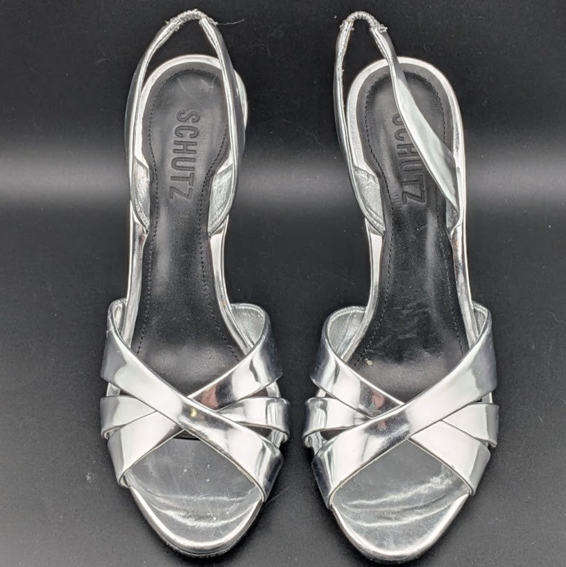 Schutz Size 6.5B*  Keefa Silver Slingback Leather 4" Heel Sandals NWOB MSRP $178 Schutz