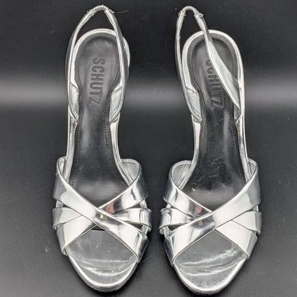 Schutz Size 6.5B*  Keefa Silver Slingback Leather 4" Heel Sandals NWOB MSRP $178 Schutz
