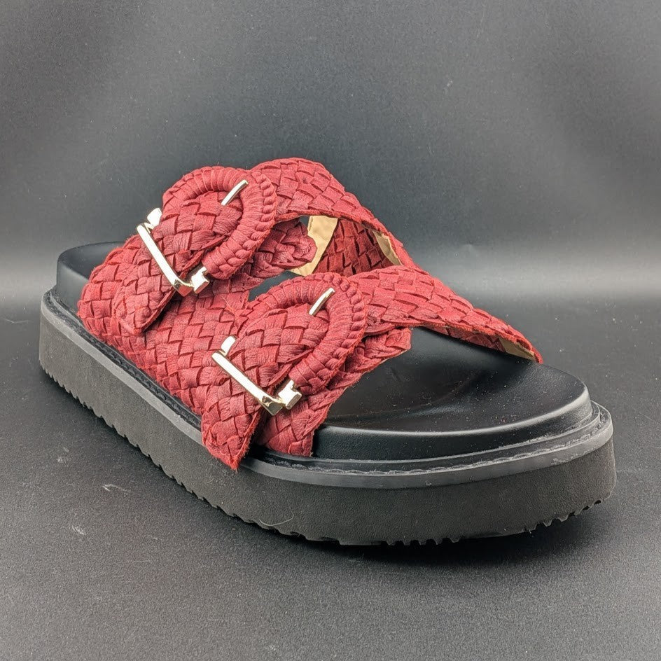 Marc Fisher Ltd Women's Size 9 Auggie Woven Dk Red Leather Buckle Footbed Sandal Marc Fisher