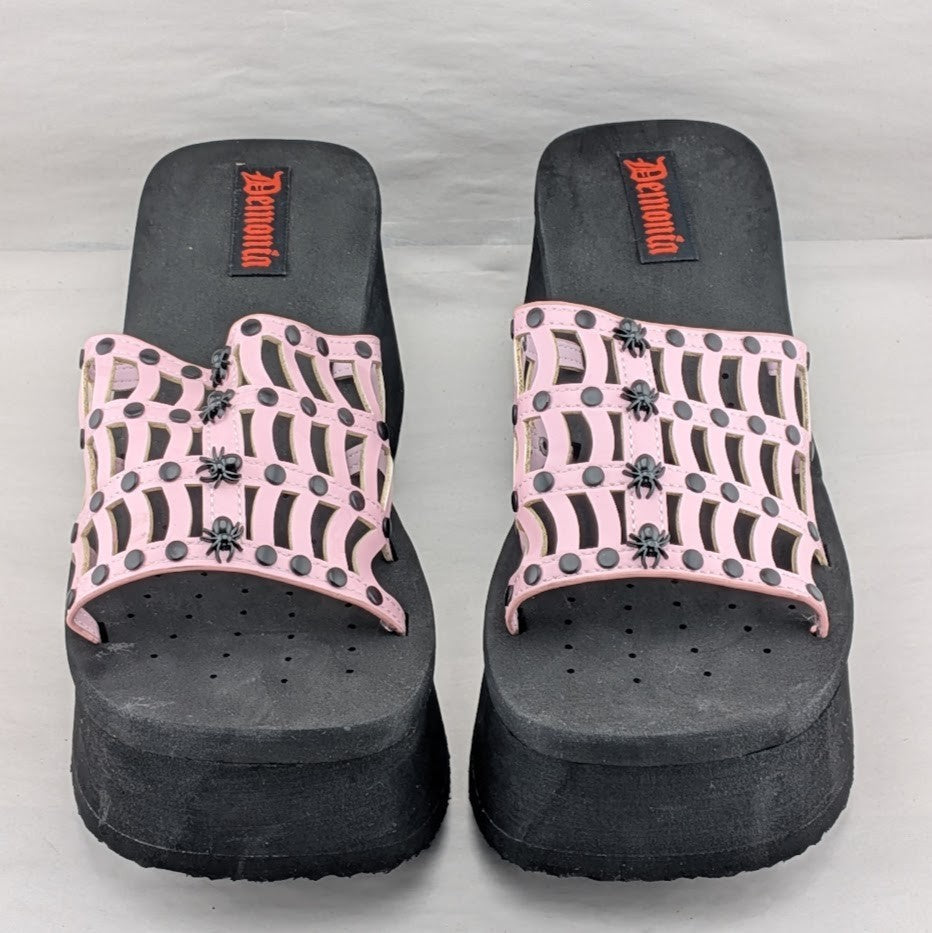 Funn Platform Goth Wo's Size 9 Web Sandals~Spiderweb Studs Slip On Pink Hologram Demonia