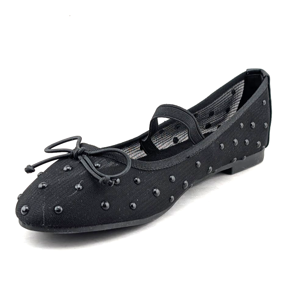 Trary Women's Black Ballet Flats Size 6.5 Mesh and Bead Uppers, Elastic Strap Trary