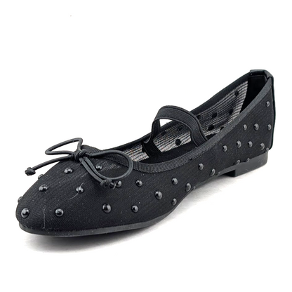 Trary Women's Black Ballet Flats Size 6.5 Mesh and Bead Uppers, Elastic Strap Trary