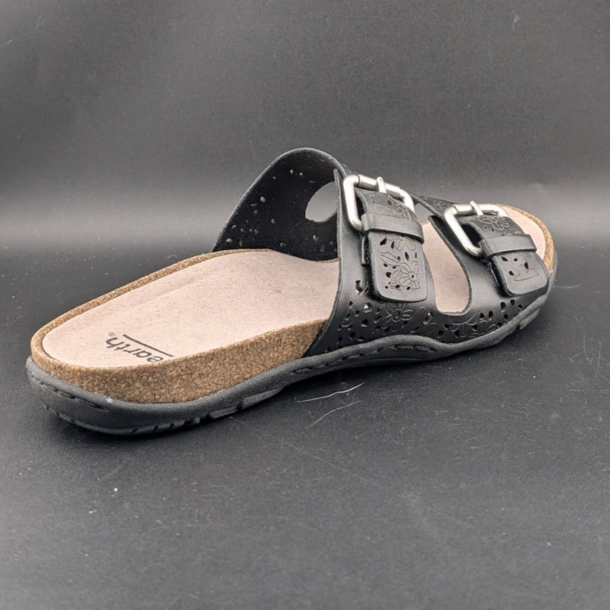 Earth Women's Sz 8.5 Sand Antigua Black Perforated Leather Buckle Comfort Sandal Earth