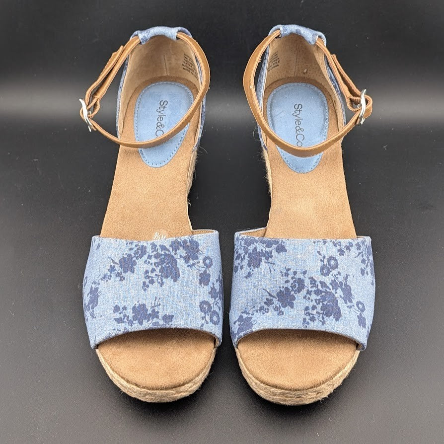 Style & Co. Women's Sz 9 Seleene Faux Denim Open Toe Wedge Sandals Blue Print Style&co.