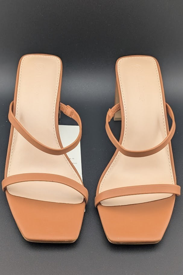 The Drop Sz 8 Avery Womens 3.5" Chunky Heel Toffee Brn Square Toe  Slide Sandals The Drop