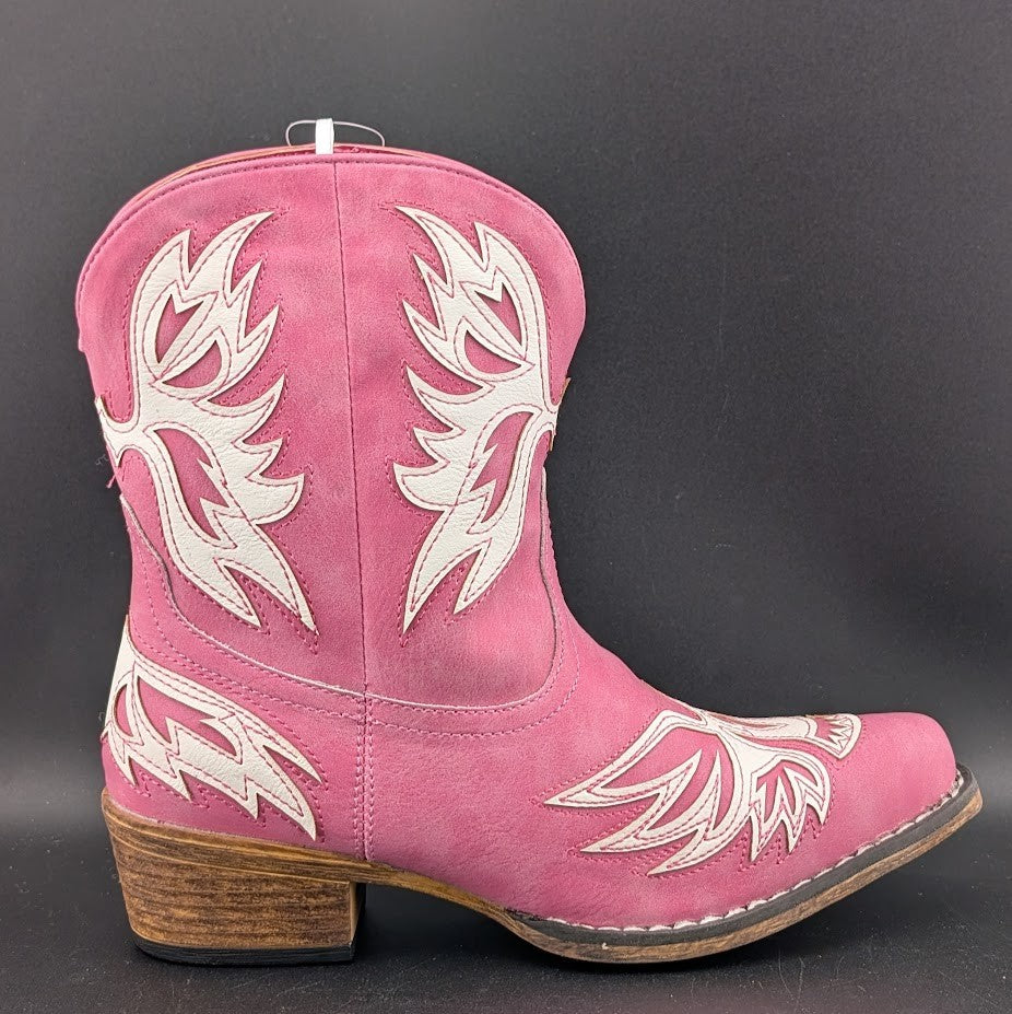 Roper Women's Sz 7 Pink "Amelia" ~ Tooled Inlay Snip Toe Casual Cowboy Booties Roper