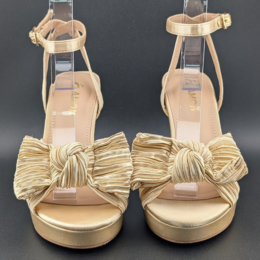 Womens Sz 36 Satin Bow Sandals Chunky Block Heel Open-Toe Platform Dress or Cas Amoji