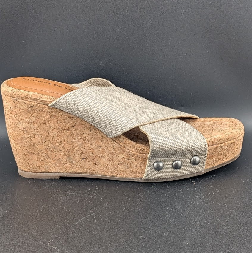 Lucky Brand Women's Size 8.5W Beige Platform Leather Wedge Heeled Sandals Lucky Brand