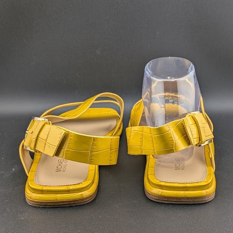 Michael Kors Size 9.5 Yellow Leather "Delilah" Croc Print Flat Sandals NEW Michael Kors