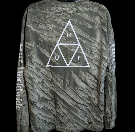 HUF Worldwide Triple Triangle XL Tee Long Sleeve Camo Green Marble Wash T-Shirt HUF