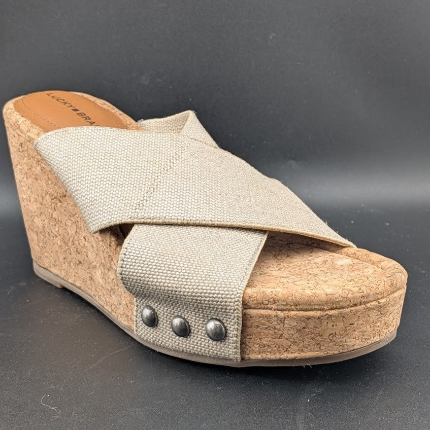 Lucky Brand Women's Size 8.5W Beige Platform Leather Wedge Heeled Sandals Lucky Brand