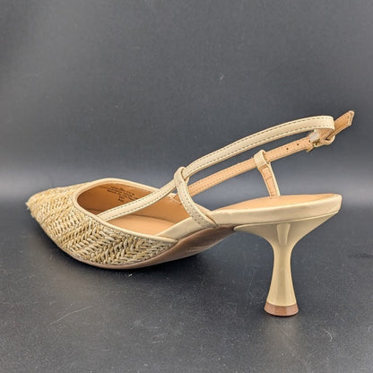 Nine West Rindy Woven Raffia Kitten Heel Pointed Toe Slingback Pump 8M Natural Nine West