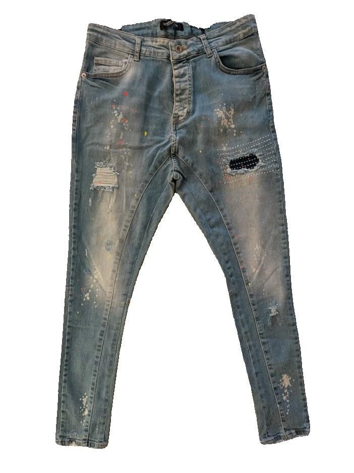 DenimHouse Light Blue Stretchy Custom Cotton Denim Distressed Skinny Jeans 33x32 Denim House