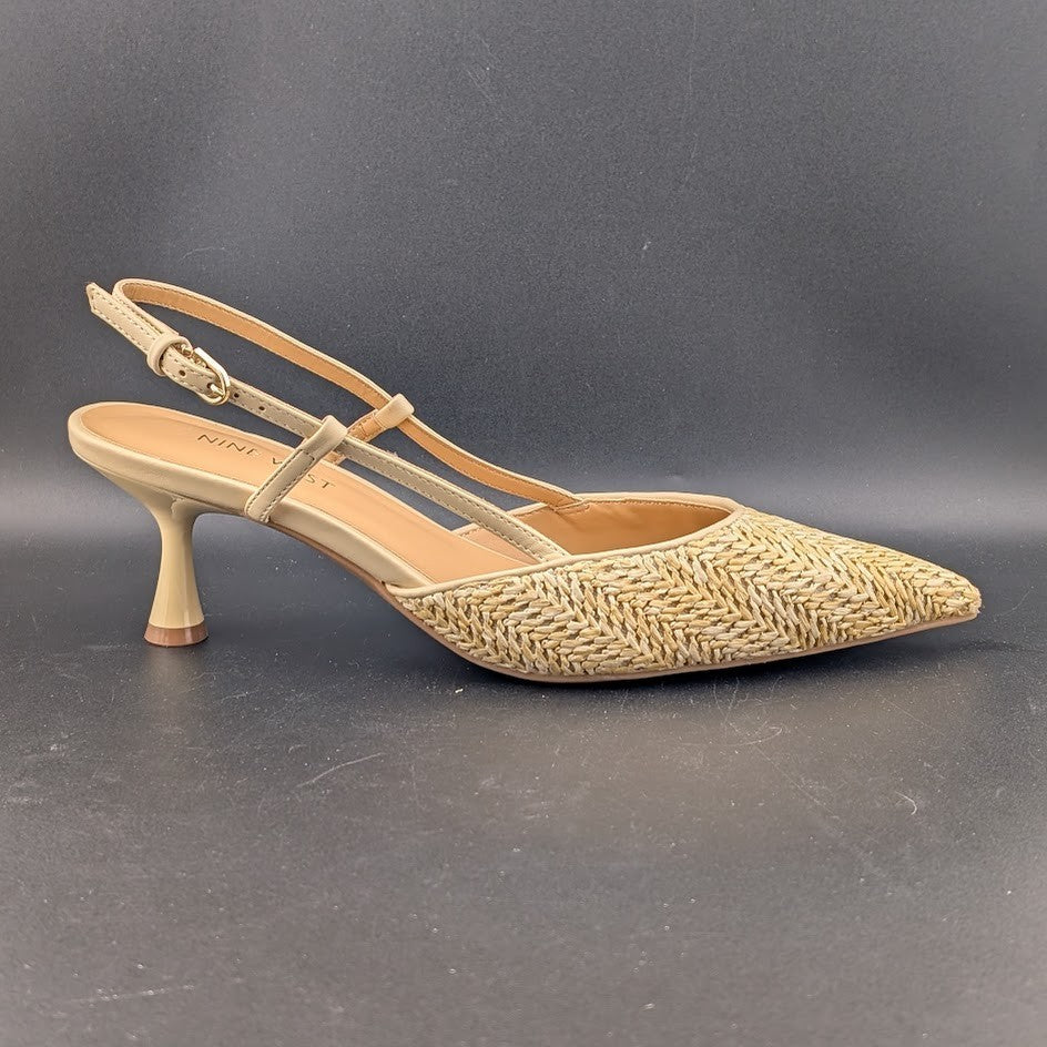 Nine West Rindy Woven Raffia Kitten Heel Pointed Toe Slingback Pump 8M Natural Nine West