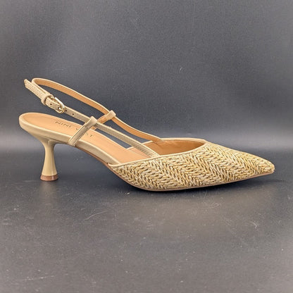 Nine West Rindy Woven Raffia Kitten Heel Pointed Toe Slingback Pump 8M Natural Nine West