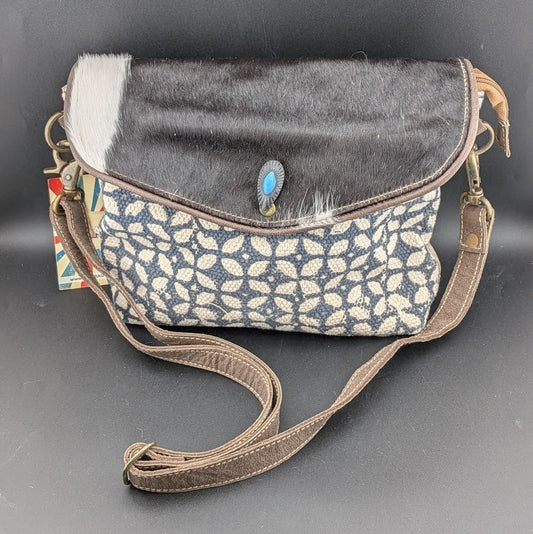OHLAY By American Darling Cowhide and Cotton Crossbody Bag w/ Leather Trim 12x10 American Darling
