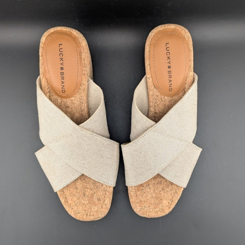 Lucky Brand Women's Size 8.5W Beige Platform Leather Wedge Heeled Sandals Lucky Brand