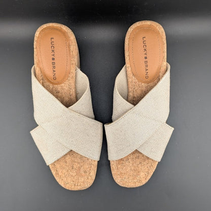 Lucky Brand Women's Size 8.5W Beige Platform Leather Wedge Heeled Sandals Lucky Brand