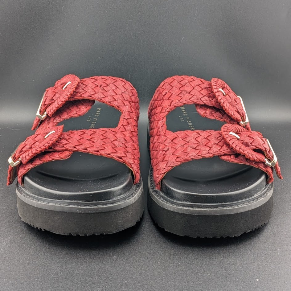 Marc Fisher Ltd Women's Size 9 Auggie Woven Dk Red Leather Buckle Footbed Sandal Marc Fisher