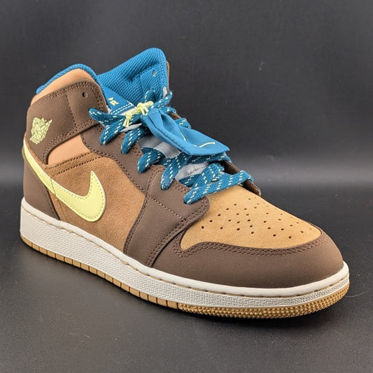 Jordan Air Jordan 1 Mid SE GS Brown Yellow Teal Suede Leather Sneakers 7Y Jordan