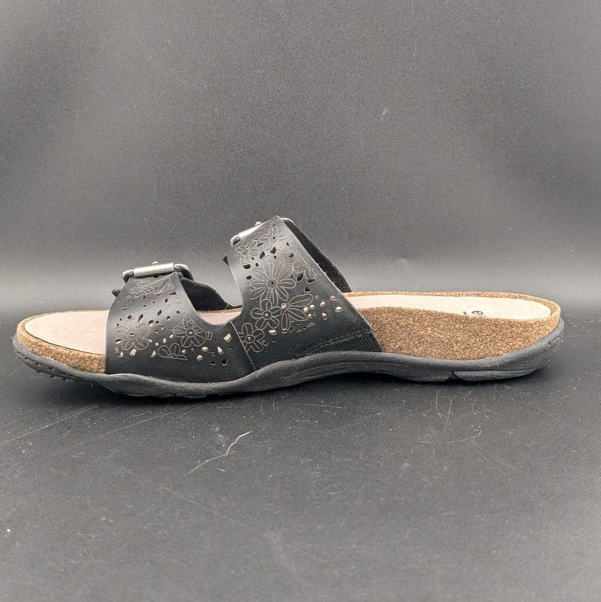 Earth Women's Sz 8.5 Sand Antigua Black Perforated Leather Buckle Comfort Sandal Earth