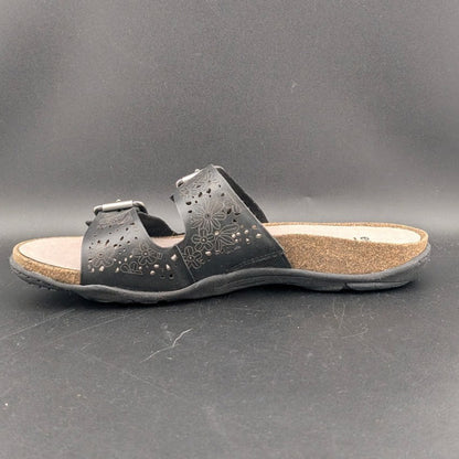 Earth Women's Sz 8.5 Sand Antigua Black Perforated Leather Buckle Comfort Sandal Earth