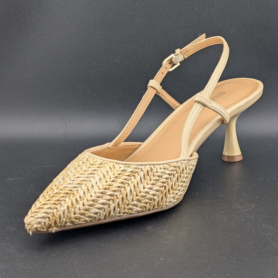 Nine West Rindy Woven Raffia Kitten Heel Pointed Toe Slingback Pump 8M Natural Nine West