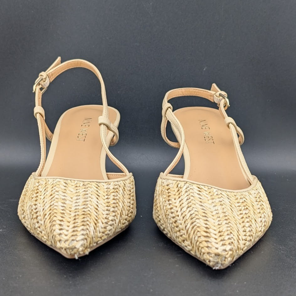 Nine West Rindy Woven Raffia Kitten Heel Pointed Toe Slingback Pump 8M Natural Nine West