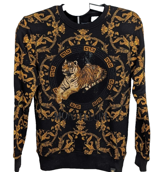 Men's Sz Small Luxury Rhinestone Tiger Fashion Knitted Black Sweater Montefleuri Montefleuri Paris