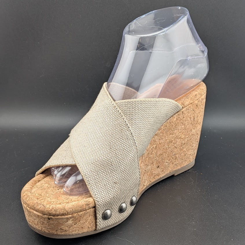 Lucky Brand Women's Size 8.5W Beige Platform Leather Wedge Heeled Sandals Lucky Brand