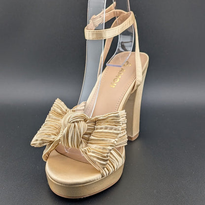 Womens Sz 36 Satin Bow Sandals Chunky Block Heel Open-Toe Platform Dress or Cas Amoji