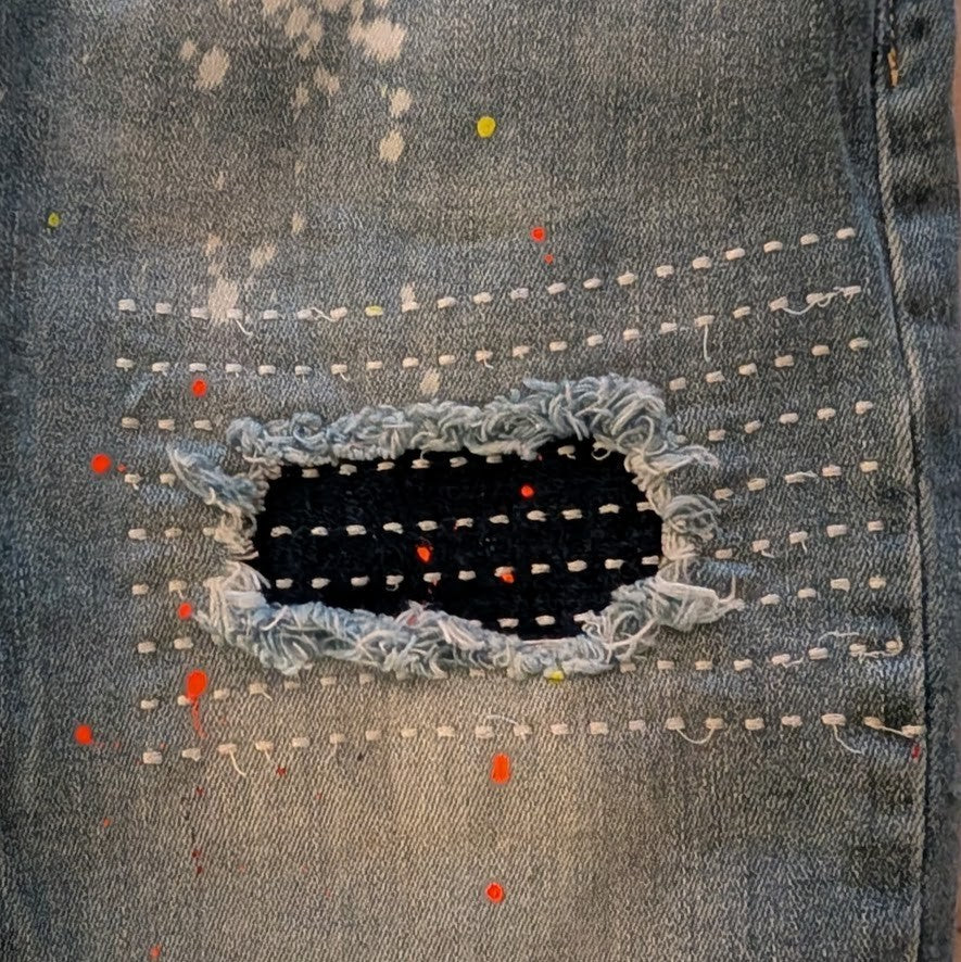 DenimHouse Light Blue Stretchy Custom Cotton Denim Distressed Skinny Jeans 33x32 Denim House
