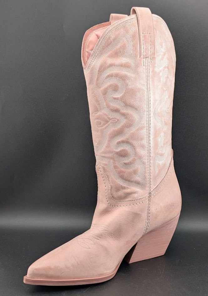 Steve Madden W8.5 West Pink Leather Pull On Pointed Toe Block Heel Western Boot Steve Madden
