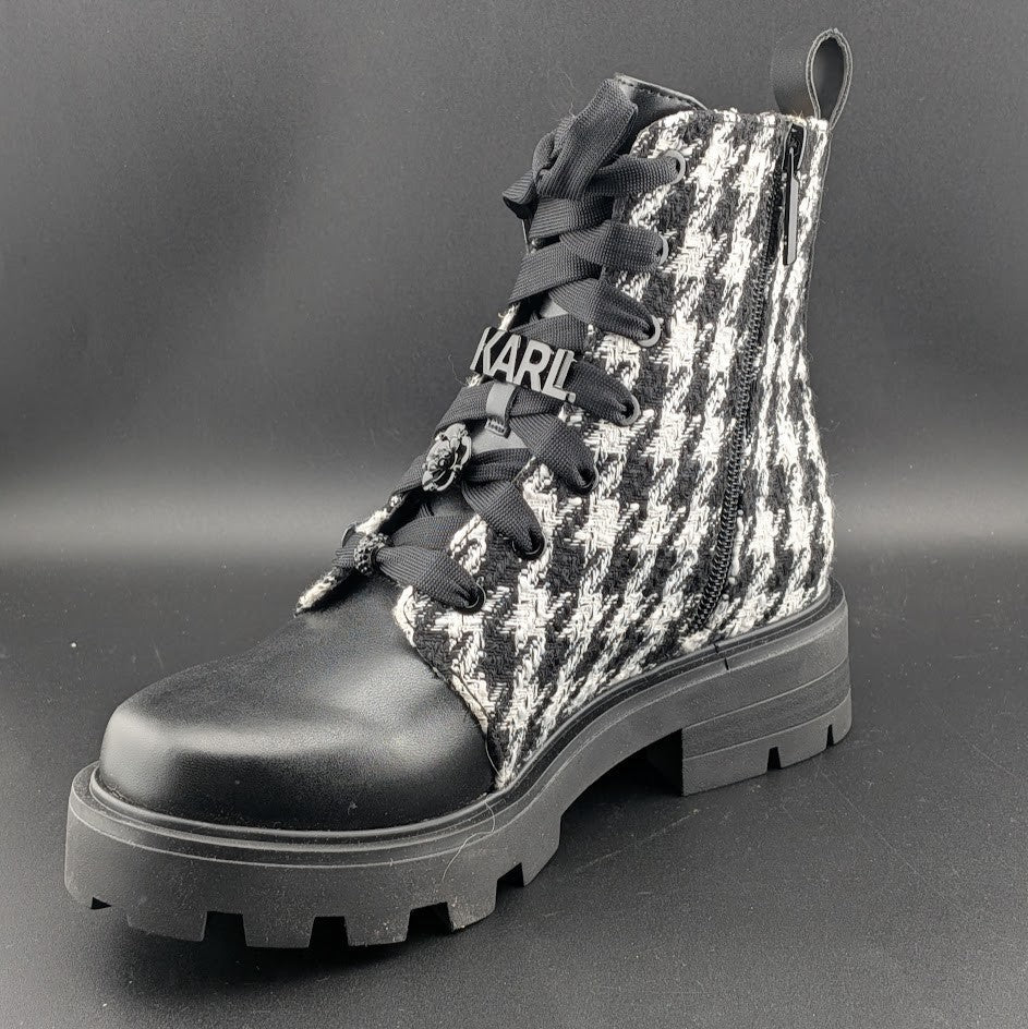 Karl Lagerfeld Paris Makenzie Tweed Combat Boots Size 5 Black/White $229 NEW Karl Lagerfeld