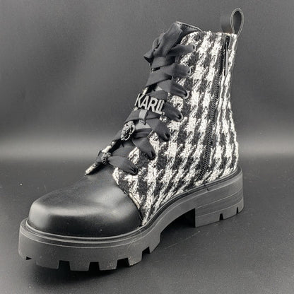 Karl Lagerfeld Paris Makenzie Tweed Combat Boots Size 5 Black/White $229 NEW Karl Lagerfeld