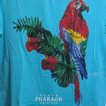 Black Pharaoh Men's Rhinestone Macaw Streetwear T-Shirt Size M Blue NWT Black Pharaoh