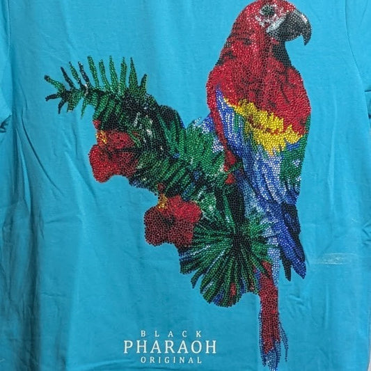 Black Pharaoh Men's Rhinestone Macaw Streetwear T-Shirt Size M Blue NWT Black Pharaoh