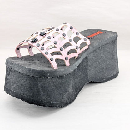 Funn Platform Goth Wo's Size 9 Web Sandals~Spiderweb Studs Slip On Pink Hologram Demonia
