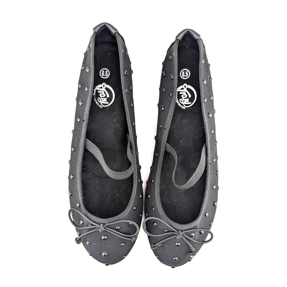 Trary Women's Black Ballet Flats Size 6.5 Mesh and Bead Uppers, Elastic Strap Trary