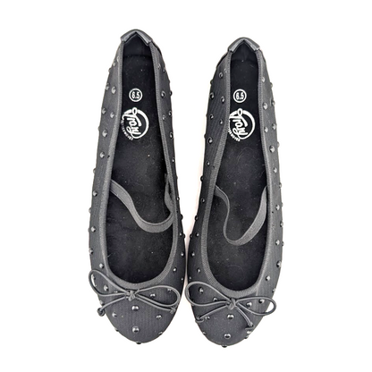 Trary Women's Black Ballet Flats Size 6.5 Mesh and Bead Uppers, Elastic Strap Trary